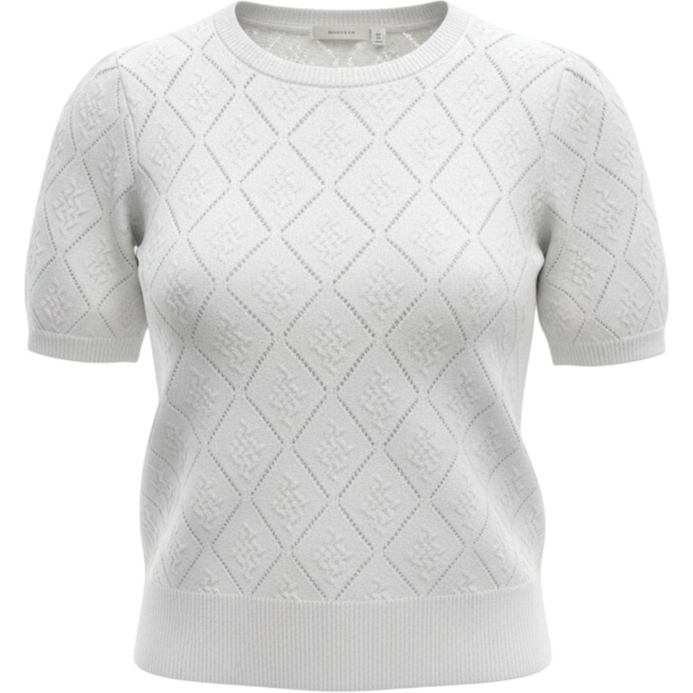Cyrus Womens White Diamond Pointelle Short Sleeve Crew Neck Sweater Top M
